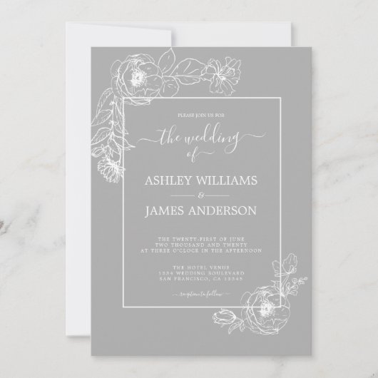 Chic Script Witte Bloemen Omtrek Grijze bruiloft Kaart (Voorkant)