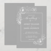 Chic Script Witte Bloemen Omtrek Grijze bruiloft Kaart (Voorkant / Achterkant)