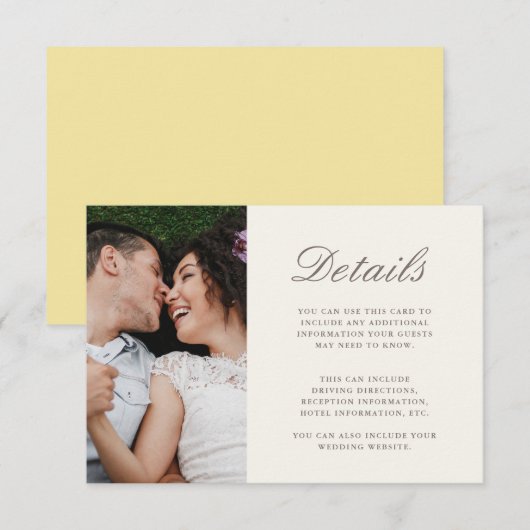 Chic Script Yellow Wedding Details Foto Informatiekaartje (Voorkant / Achterkant)