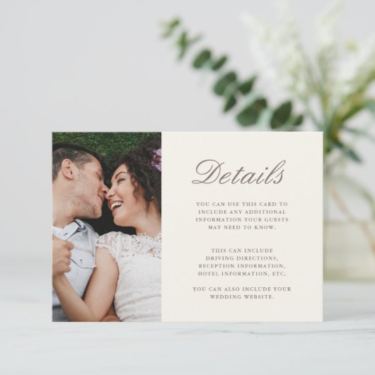 Chic Script Yellow Wedding Details Foto Informatiekaartje (Staand voorkant)