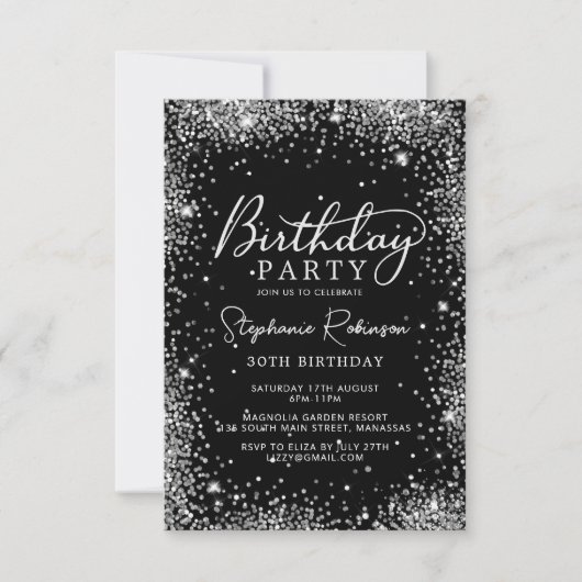 Chic Script Zilveren Glitter Zwart 30e Verjaardag Kaart (Voorkant)