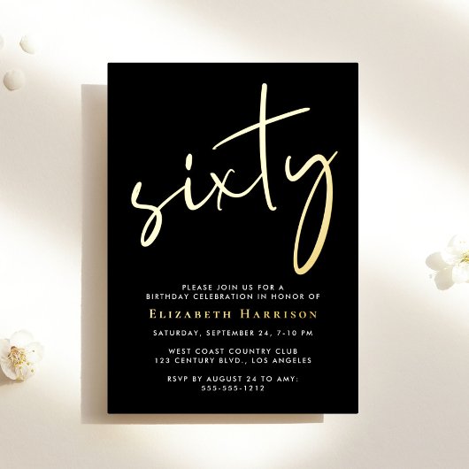 Chic Script Zwart 60ste Verjaardagsfeest Goud Folie Uitnodiging