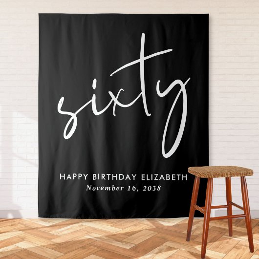 Chic Script Zwart 60ste Verjaardagsfeest Wandkleed