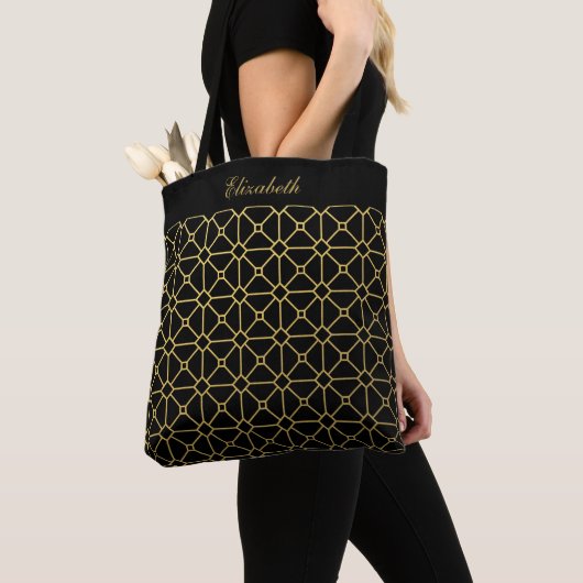 Chic Script Zwart en Goud Patroon Canvas tas (Dichtbij)