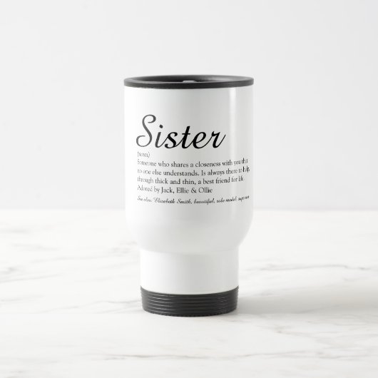 Chic Script Zwart en Wit Cool Zuster Definitie Reisbeker (Center)