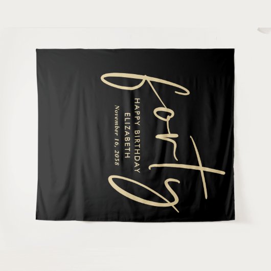 Chic Script Zwart Goud 40ste Verjaardagsfeest Wandkleed (Voorkant (horizontaal))