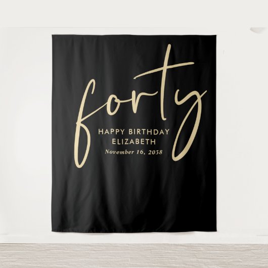 Chic Script Zwart Goud 40ste Verjaardagsfeest Wandkleed (Voorkant)