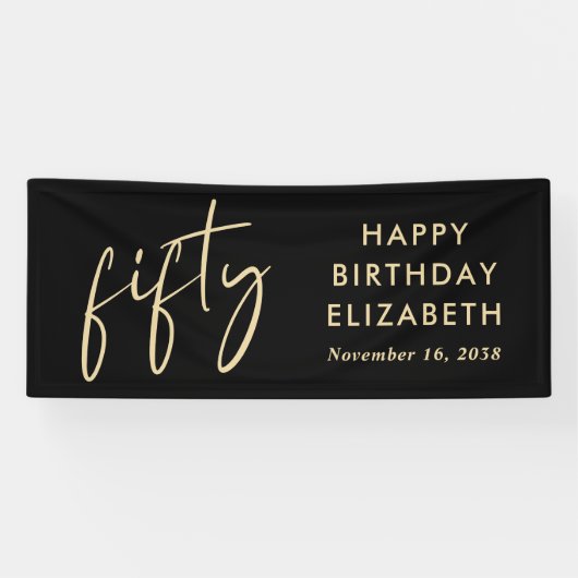 Chic Script Zwart Goud 50ste Verjaardagsfeest Spandoek (Horizontaal)