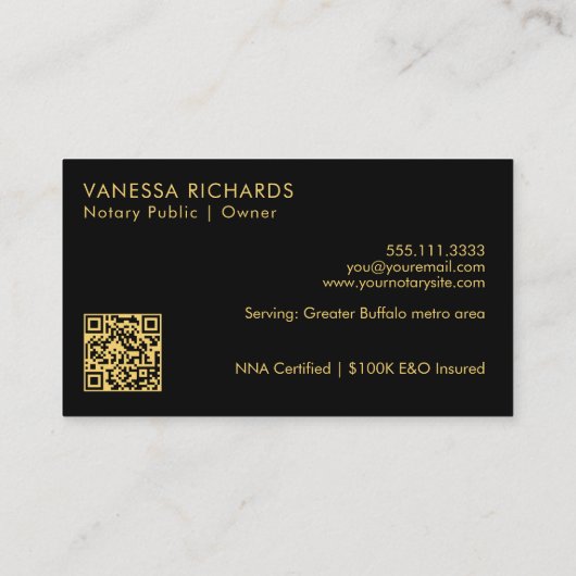 Chic Script Zwart & Goud Notaris Naam Modern QR Visitekaartje (Achterkant)