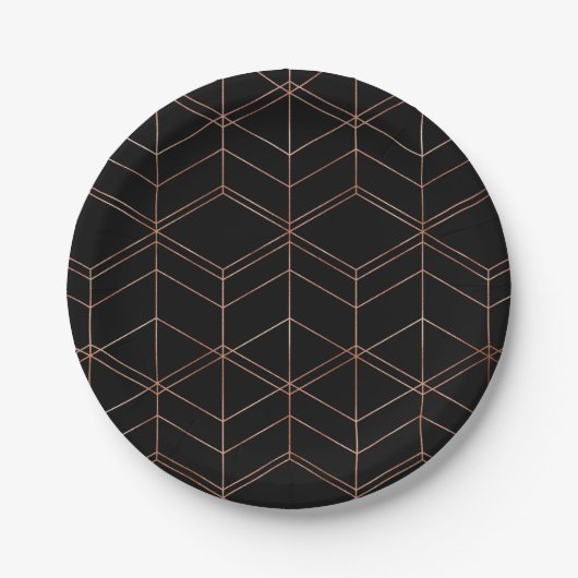 Chic Script Zwart & Koper Geometrisch Patroon Papieren Bordje (Voorkant)
