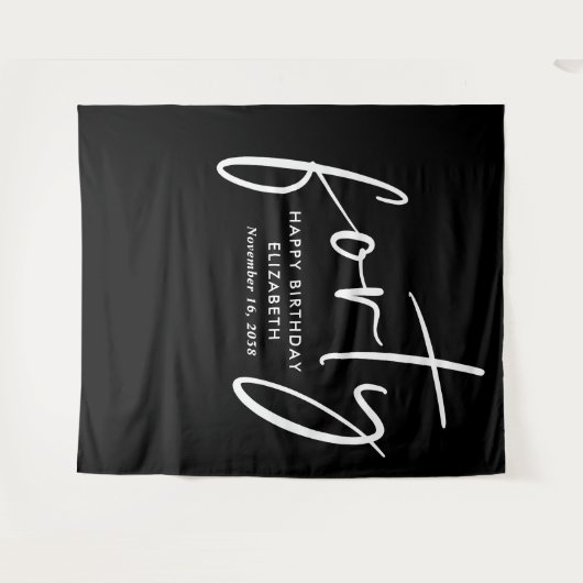 Chic Script Zwart Wit 40ste Verjaardagsfeest Wandkleed (Voorkant (horizontaal))