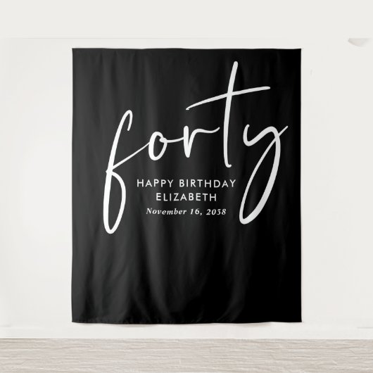 Chic Script Zwart Wit 40ste Verjaardagsfeest Wandkleed (Voorkant)