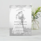 Chic Script Zwart-wit Overlay Foto Wedding Kaart (Staand voorkant)