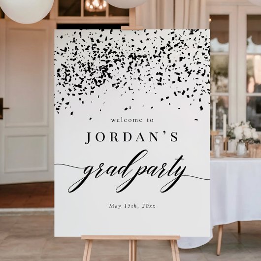 Chic Script Zwarte Confetti Afstudeerfeest Bord Poster