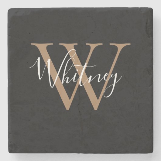 Chic scriptnaam monogram zwart goud stenen onderzetter (Voorkant)