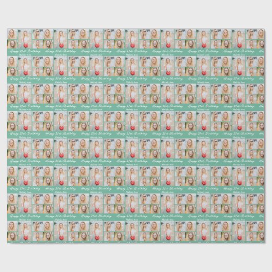 Chic Seafoam Green Happy Birthday Photo Collage Cadeaupapier (Vlak)