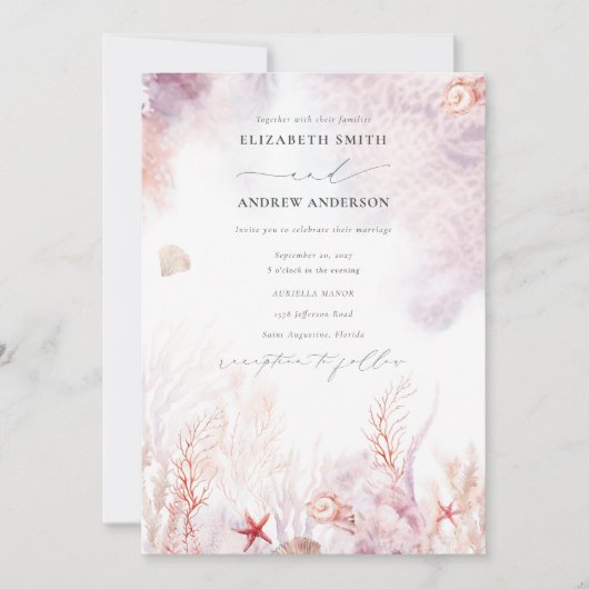 Chic Seashells Coral Underwater QR Code Weddenscha Kaart (Voorkant)