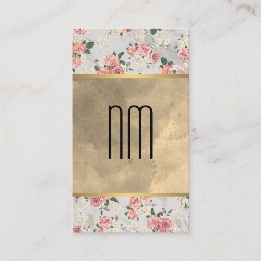 Chic Sepia Waterverf Monogram Gold Trim Floral Visitekaartje (Voorkant)