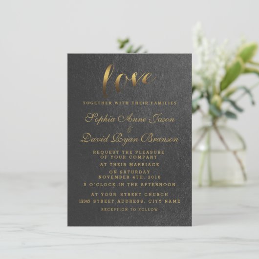 Chic Shining Gold Foil Love Black Wedite Kaart (Staand voorkant)