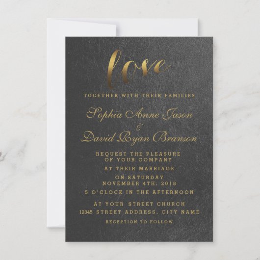 Chic Shining Gold Foil Love Black Wedite Kaart (Voorkant)