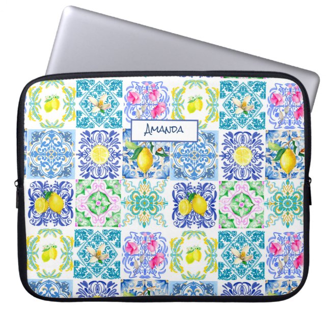 Chic Siciliaanse azulejo Amalfi Mediterrane tegels Laptop Sleeve (Voorkant)