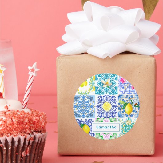 Chic Siciliaanse azulejo Amalfi Mediterrane tegels Ronde Sticker (Feest)