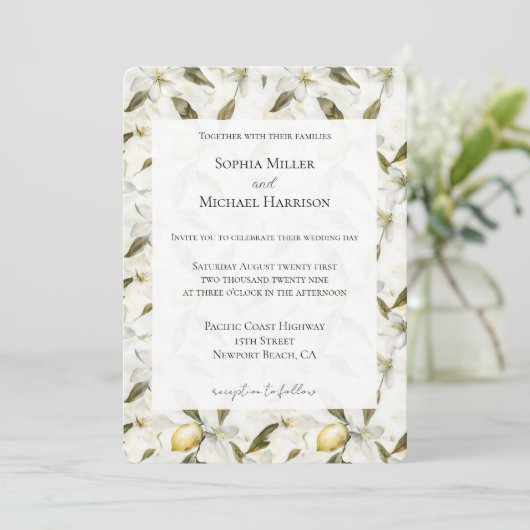 Chic Sicilian Summer Lemons Floral Wedding Kaart (Staand voorkant)
