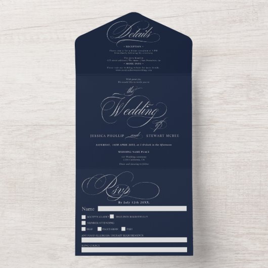 Chic Silelegant script navy blue bruiloft All In One Uitnodiging (Binnen)