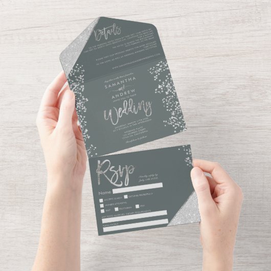 Chic Silglitter confetti sage green bruiloft All In One Uitnodiging (Afscheurbaar)
