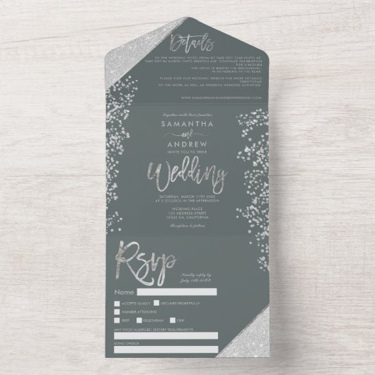 Chic Silglitter confetti sage green bruiloft All In One Uitnodiging (Binnen)