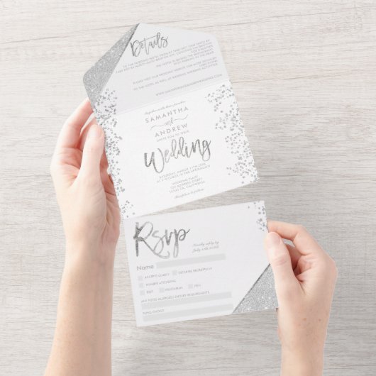 Chic Silglitter confetti white bruiloft All In One Uitnodiging (Afscheurbaar)