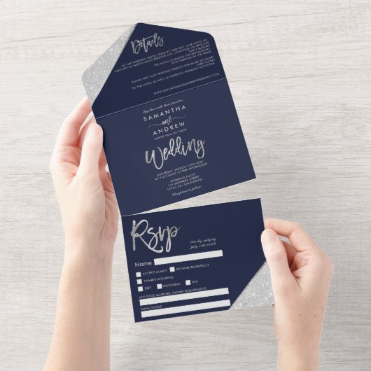 Chic Silglitter typografie navy blue bruiloft All In One Uitnodiging (Afscheurbaar)