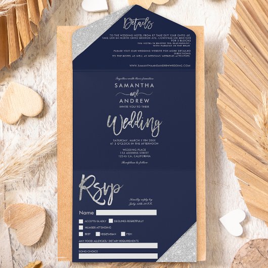 Chic Silglitter typografie navy blue bruiloft All In One Uitnodiging