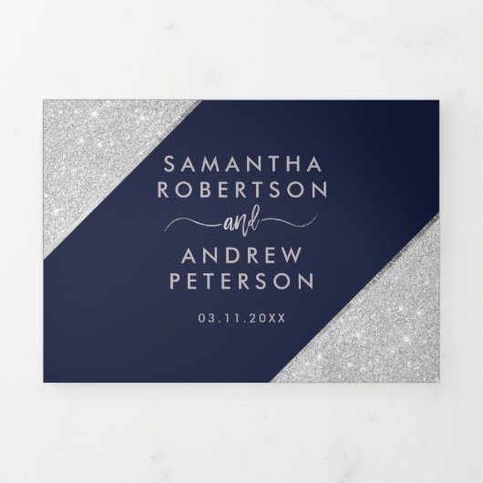 Chic Silglitter typografie navy blue bruiloft Drieluik Uitnodiging (Cover)