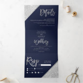 Chic Silglitter typografie navy blue bruiloft Drieluik Uitnodiging (Binnen)