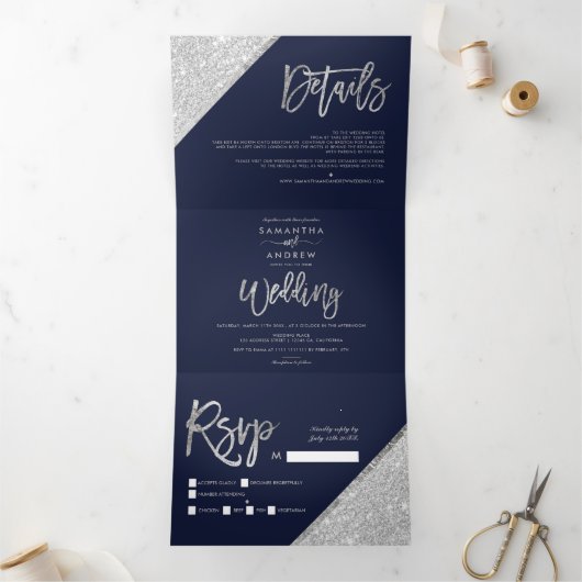 Chic Silglitter typografie navy blue bruiloft Drieluik Uitnodiging (Binnen)