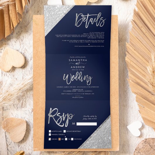 Chic Silglitter typografie navy blue bruiloft Drieluik Uitnodiging