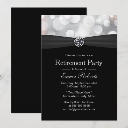 Chic Silver & Black Diamond Retirement Party Kaart (Voorkant / Achterkant)
