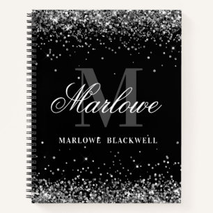 Chic Silver Black en White Monogram Glitter Notitieboek