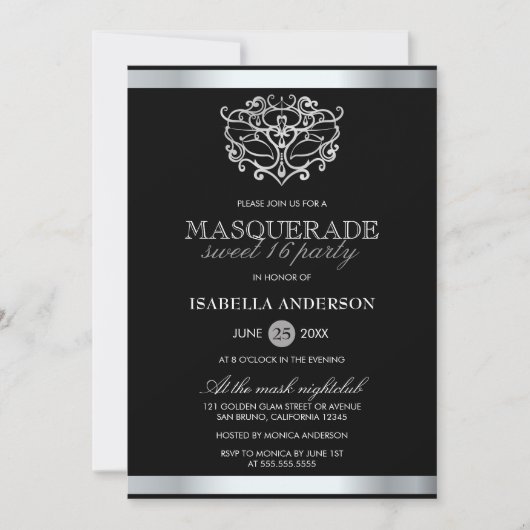Chic Silver & Black Typography Masquerade Sweet 16 Kaart (Voorkant)
