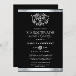 Chic Silver & Black Typography Masquerade Sweet 16 Kaart