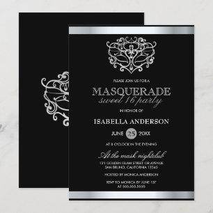 Chic Silver & Black Typography Masquerade Sweet 16 Kaart