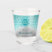 Chic Silver Blauwgroen Blue Glitter 100e Verjaarda Shot Glas (Voorkant)