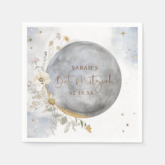 Chic Silver, Blue, Gold Celestial Moon Bat Mitzvah Servet (Voorkant)