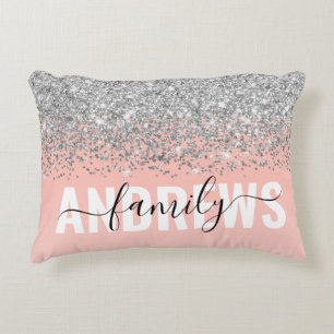 Chic Silver Confetti Pink Gradient Family Monogram Accent Kussen