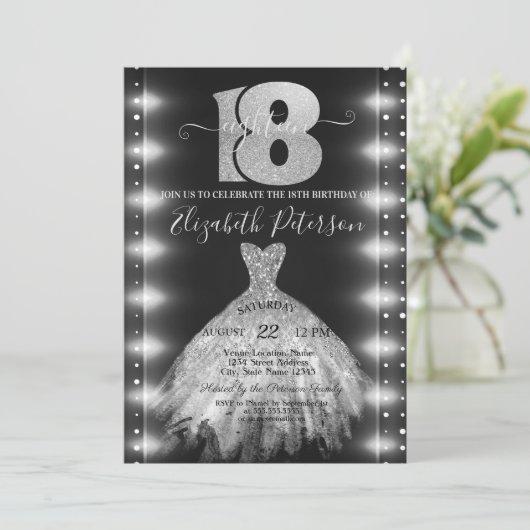 Chic Silver Dress Confetti Lights 18e verjaardag Kaart (Staand voorkant)