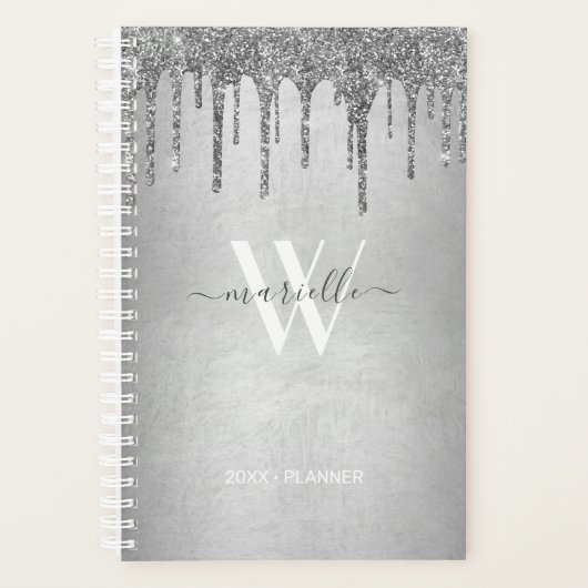 Chic Silver Dripping Glitter Monogram Name 2022 Planner (Voorkant)