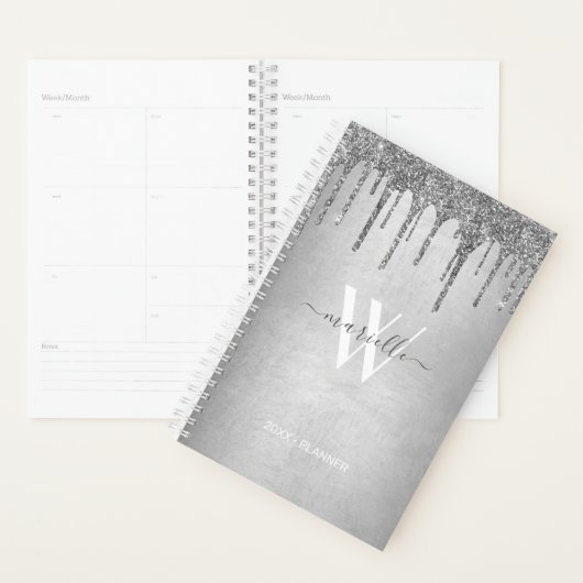 Chic Silver Dripping Glitter Monogram Name 2022 Planner (Display)