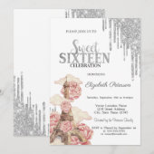 Chic Silver Drips,Eiffel Tower Peonies Sweet 16 Kaart (Voorkant / Achterkant)