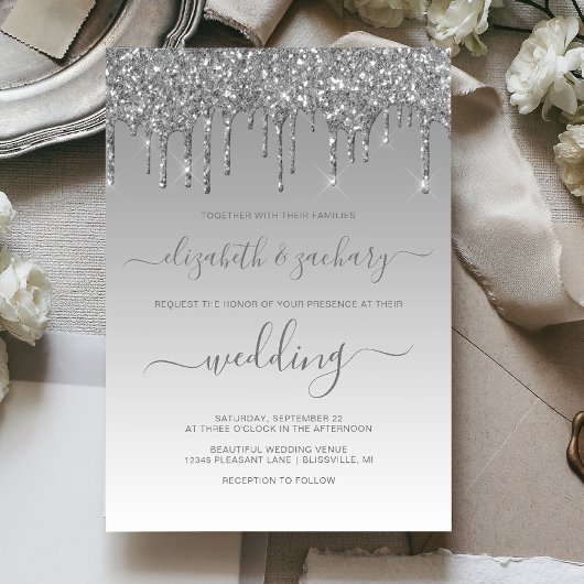 Chic Silver Driving Glitter Wedding Kaart